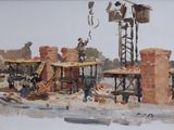 a painting of a construction site with a crane
