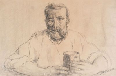 dessin représentant un homme assis à une table, une tasse à la main