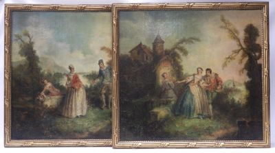 two paintings of a couple of women standing in front of a castle