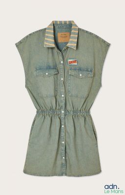 an image of a women ' s denim romper with a striped collar
