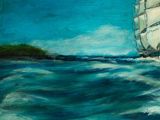 a painting of a sailboat sailing in the ocean