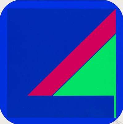 une image représentant un carré bleu avec un triangle rouge et vert