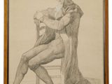 un dessin représentant un homme assis sur une chaise, coiffé d'un chapeau