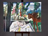 a painting on a easel with a painting of a man and a horse
