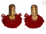 pair of red fringe earrings with gold accents on a white background
