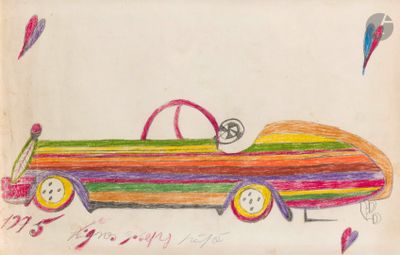 dessin représentant une voiture colorée sur laquelle est perché un oiseau