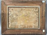 an old picture of a wooden frame with yellow writing on it