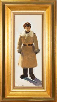 painting of a man in a coat and hat in a gold frame