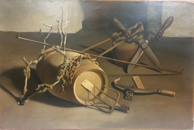 une peinture représentant un ensemble d'outils posés sur une table