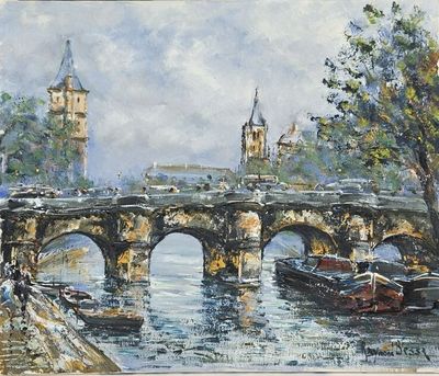 painting of a painting of a bridge over a river with a clock tower in the background