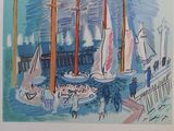 une peinture représentant un groupe de voiliers sur l'eau