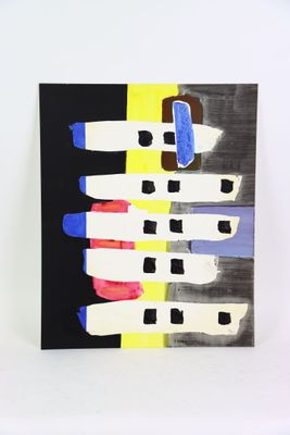 abstract painting of a group of people standing in a line on a black and white background