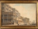 painting of a view of a city with boats and people on the water