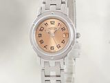 an image of a woman ' s wrist watch with a pink dial