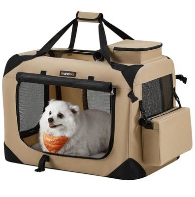 an image of a small white dog in a tan and black dog carrier