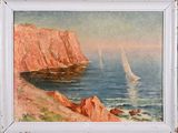 tableau représentant un voilier sur l'eau, près d'une côte rocheuse