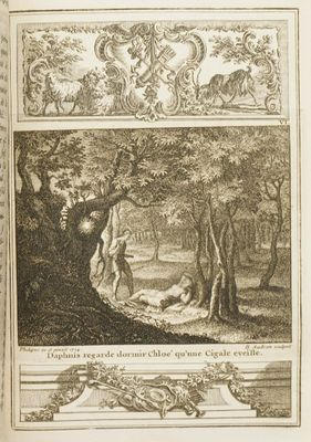un vieux livre sur lequel figure l'image d'un homme et d'un chien dans un environnement boisé