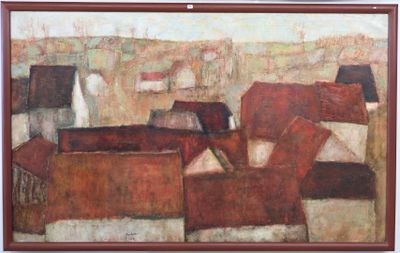 a painting on the wall of a room with a chair and a table