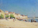 a painting of people walking on the beach by the water