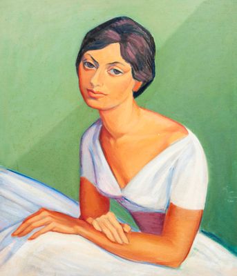 an oil painting of a woman in a white dress sitting on a bed