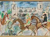 drawing of a horse race with jockeys and horses in the background