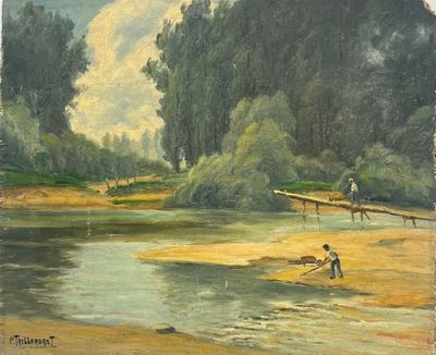 un tableau représentant un homme en train de pêcher au bord d'une rivière
