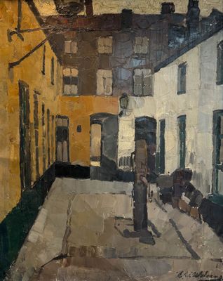 peinture d'une scène de rue avec une personne marchant dans la rue