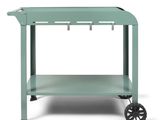 a green barbecue cart with wheels on a white background