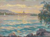 une image d'un tableau représentant un coucher de soleil sur une étendue d'eau