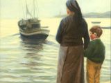 tableau représentant une femme et un enfant regardant un bateau sur l'eau