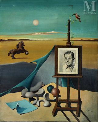 an image of a painting of a man with a horse in the background