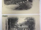 two old black and white photos of people and horses in a field