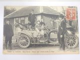 an old photo of a group of people riding in a car