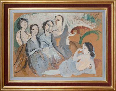 tableau représentant un groupe de femmes assises sur un canapé dans une pièce