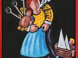 painting of a woman holding a child and a basket of tools