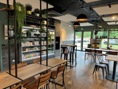 tables and chairs in a restaurant with plants on the shelves