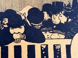 a drawing of a group of people sitting in a crib