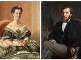 two pictures of a man and a woman sitting on a chair