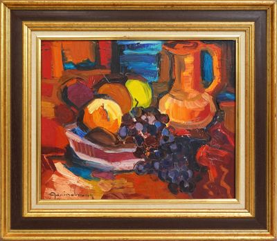peinture d'une nature morte de fruits et d'un pichet sur une table