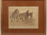 an image of a drawing of two horses pulling a cart