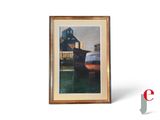 tableau représentant un bateau sur un plan d'eau, avec une maison en arrière-plan