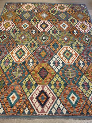 Kilim Afghan couleur blanc, vert, orange 236 x 193