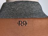 the back of a brown sweater with a black and grey collar