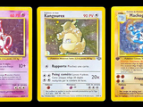 Trois cartes Pokémon sont représentées en ligne sur un fond noir