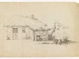 an old drawing of a house with a thatched roof