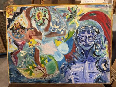 un tableau représentant une femme et un homme posé sur un chevalet