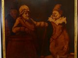 un vieux tableau représentant deux clowns assis sur un tonneau de vin