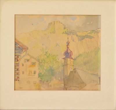 une image représentant un tableau d'un clocher d'église avec une montagne en arrière-plan