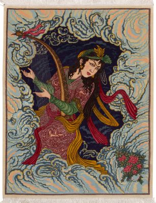 un tableau représentant une femme jouant de la harpe dans le ciel