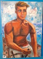 Huile sur toile thème jeune marin à la barre d'un voilier, signée S La